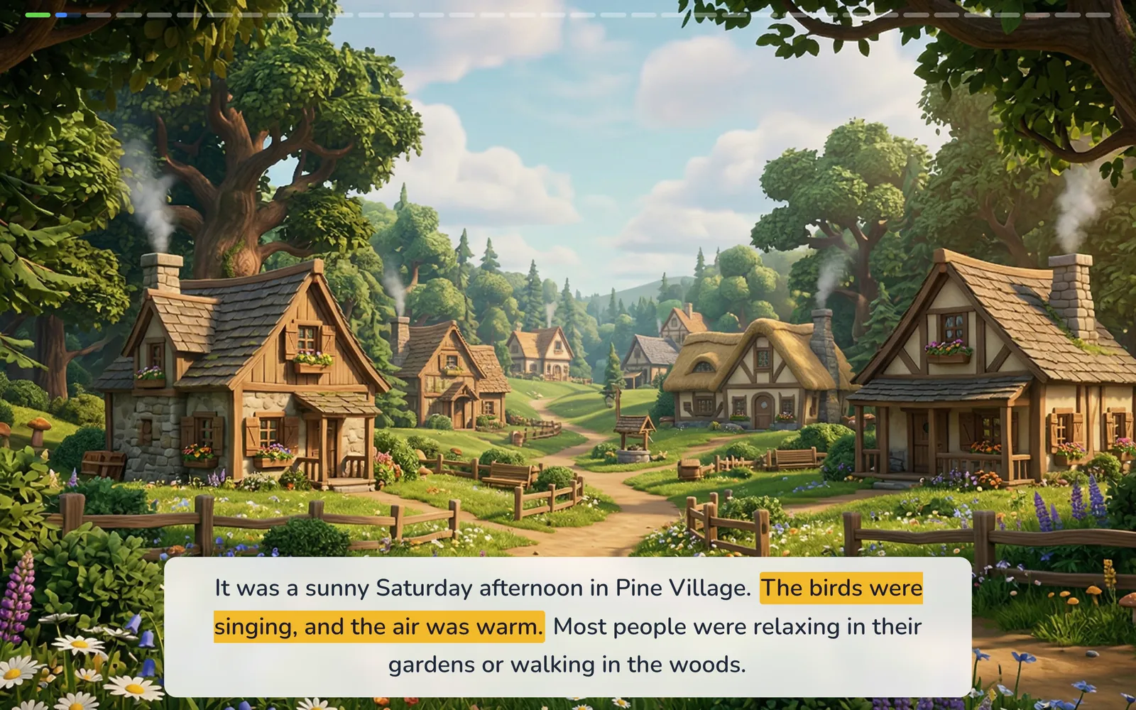 Kidverse reader: an illustrated village scene with the narrated sentence highlighted as it is read.