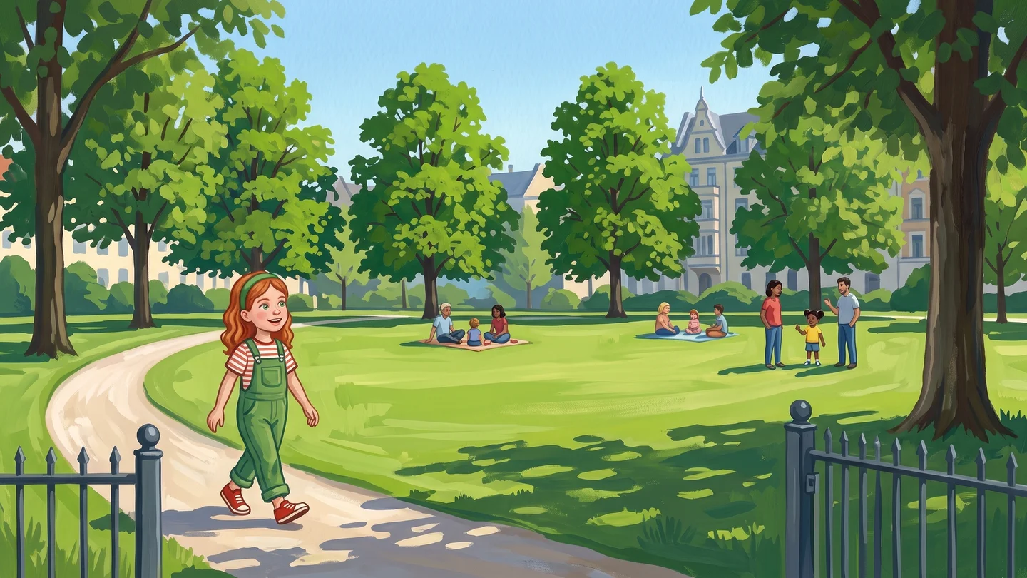 Original illustration from Der neue Junge, page 2: Greta goes to the park, where there are many people.