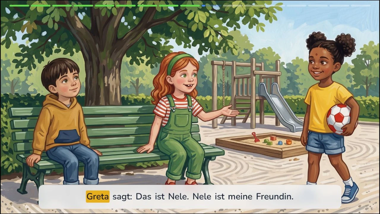 LeseWelt reader: Greta introduces her friend Nele, with the spoken word highlighted in the German text.